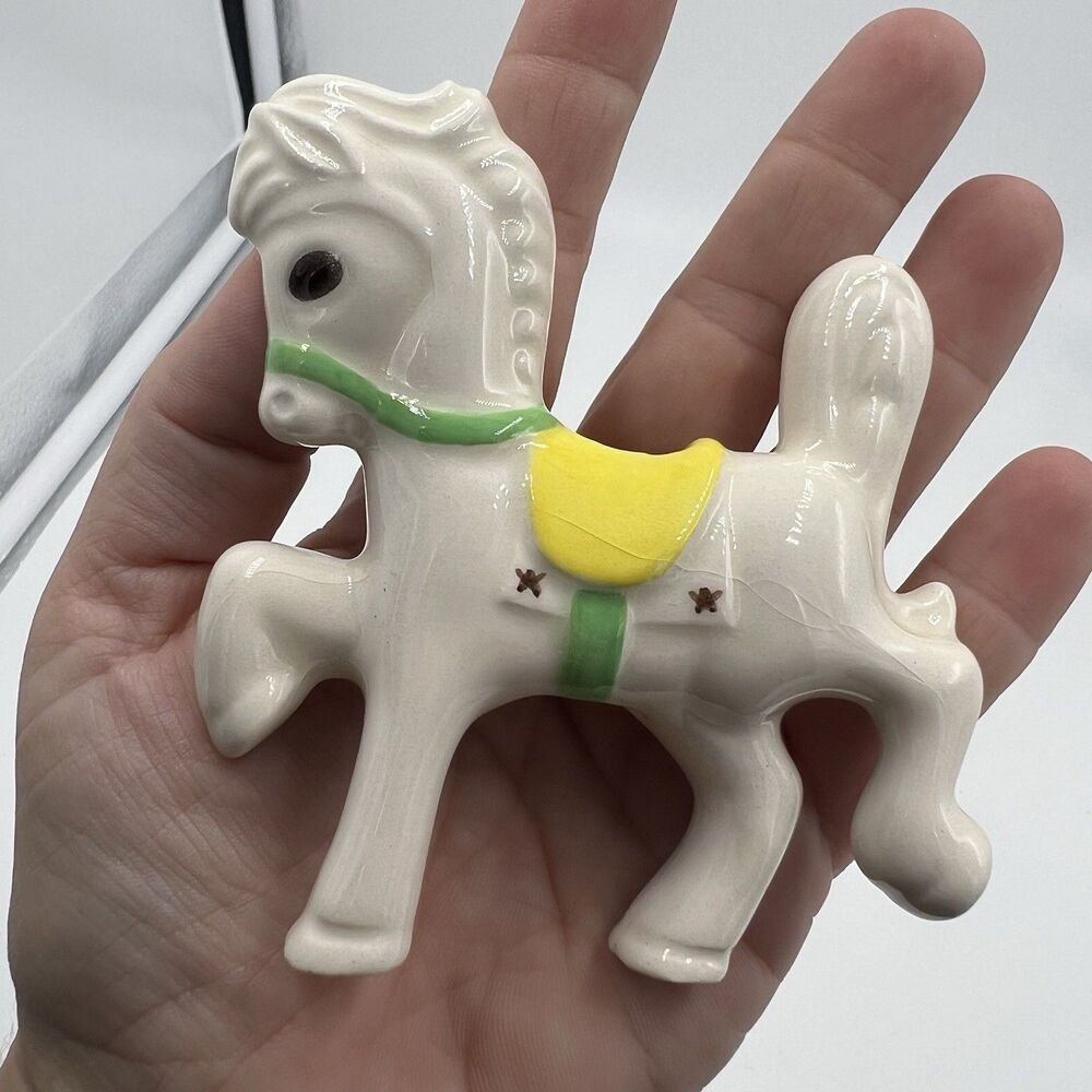 Rare Vintage Macrame Ceramic Bead Baby Horse Carousel Yellow Green Saddle Bridle